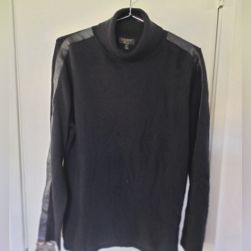 Charter Club Luxury 2-Ply 100% Cashmere Sweater Leather Trim Sleeves XL NWT Blk